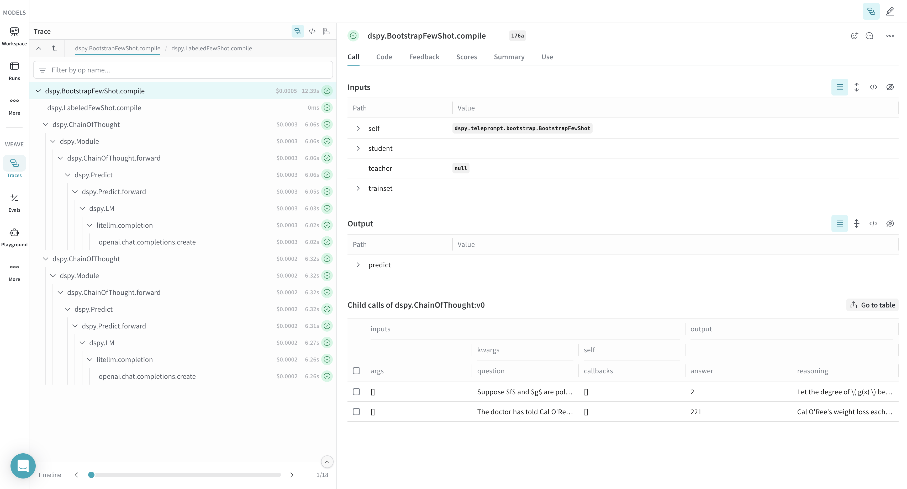 Trace de l’optimiseur DSPy dans Weave, avec le processus d’optimisation et les améliorations des performances