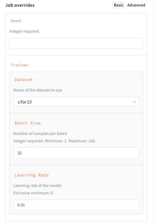 Job input schema form