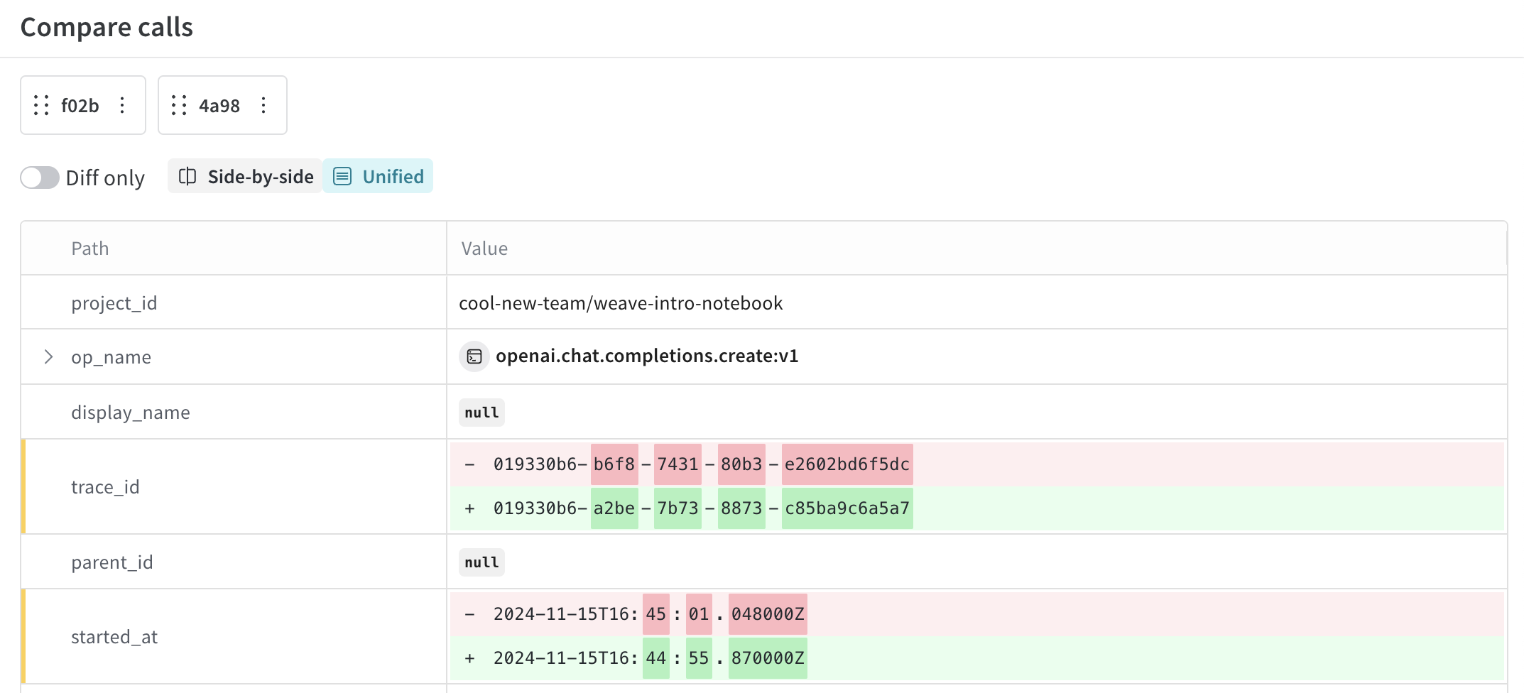 두 오브젝트의 Unified Comparison 뷰