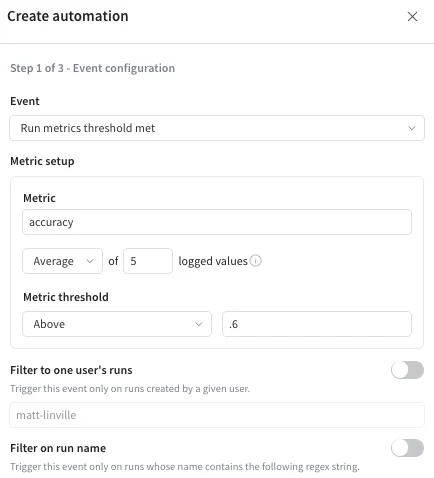 Capture d'écran montrant une automation de seuil des métriques du run
