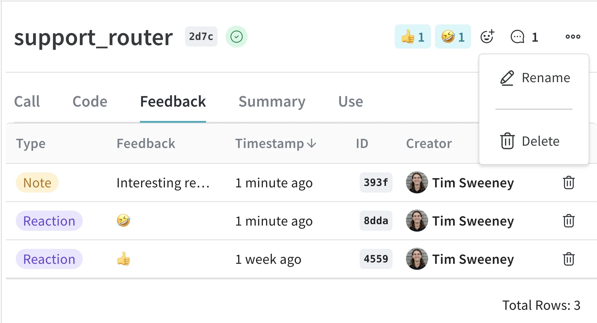 Call의 이름을 바꾸거나 삭제하는 방법을 보여주는, 선택한 Call 세부 정보 패널의 Weave Traces 페이지 예시