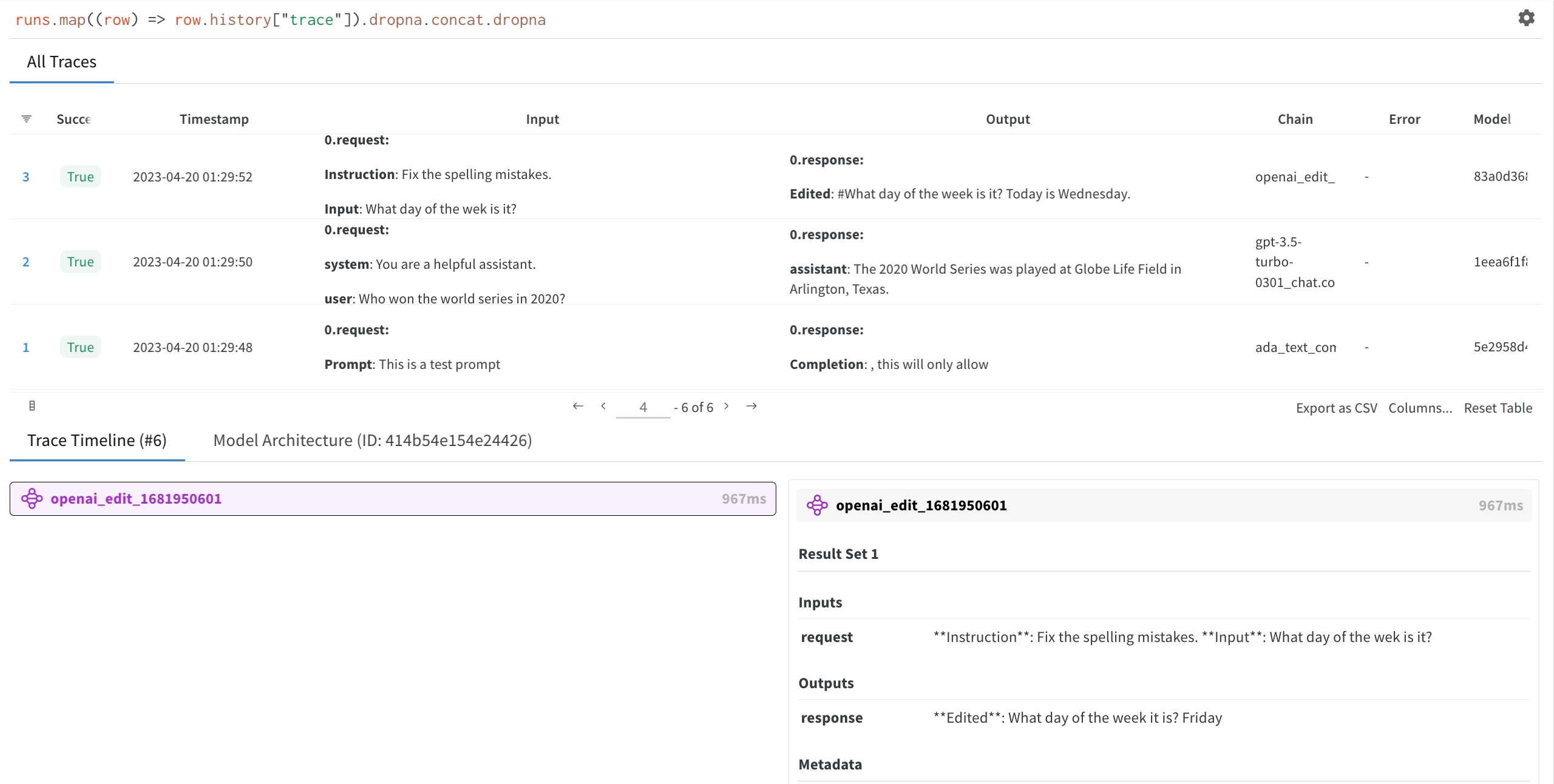 W&B trace view showing OpenAI API requests, responses, and token usage logged automatically