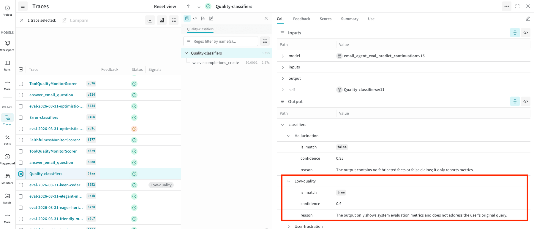 Vue Weave Traces avec une trace quality-classifier sélectionnée. Le panneau de détails affiche les détails de l’Appel avec les métadonnées des classificateurs, y compris un score de confiance et une raison.