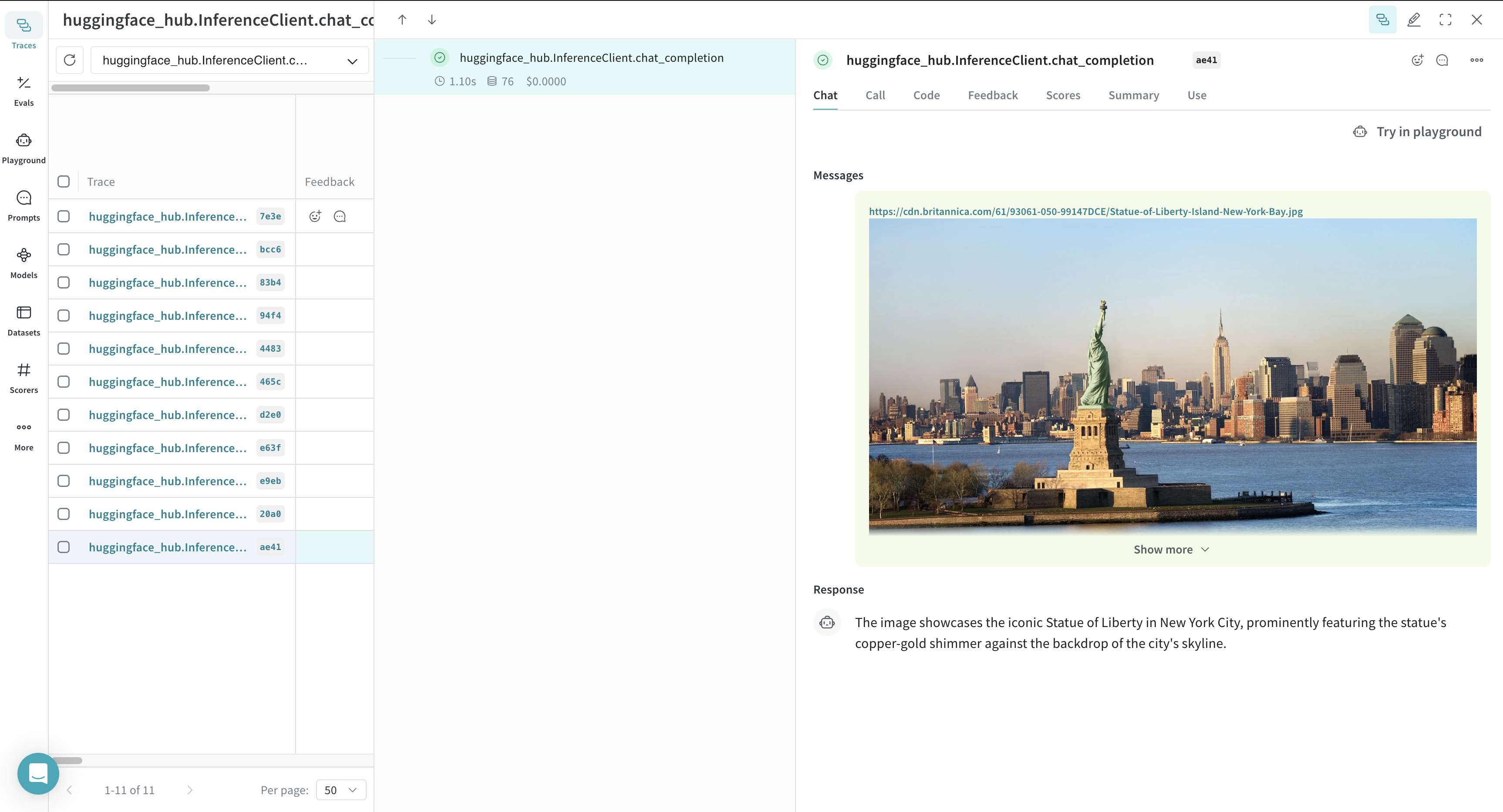 Vue de chat de Weave dans l’UI avec l’historique complet de la conversation avec le modèle