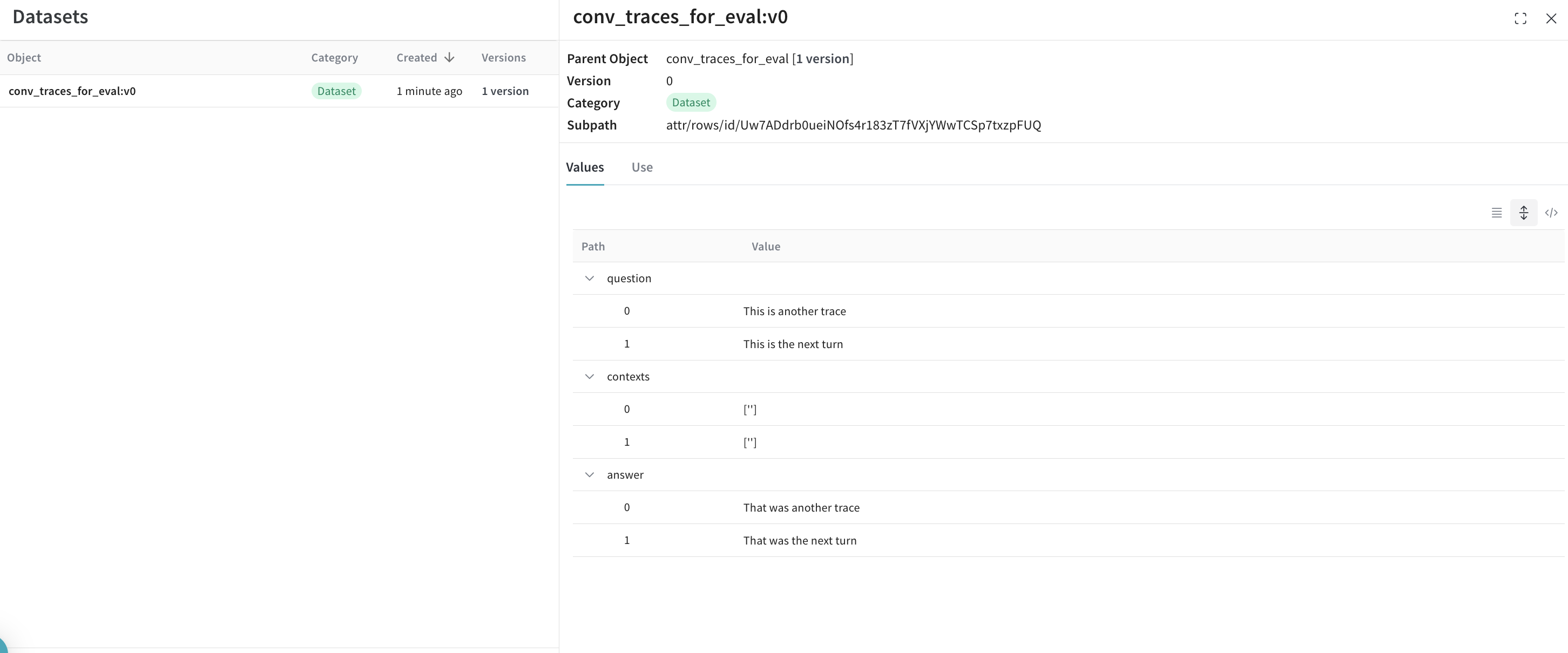 評価で使用できる状態になった、Weave UI で公開済みのデータセット