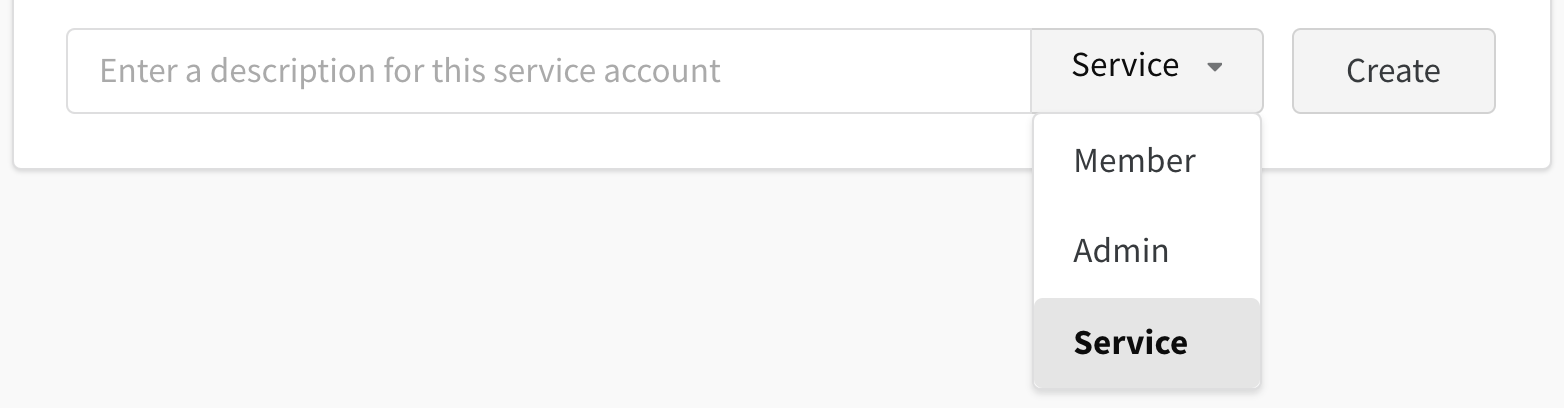 Team settings page showing the Service Accounts section where you can create a service account for automated jobs.