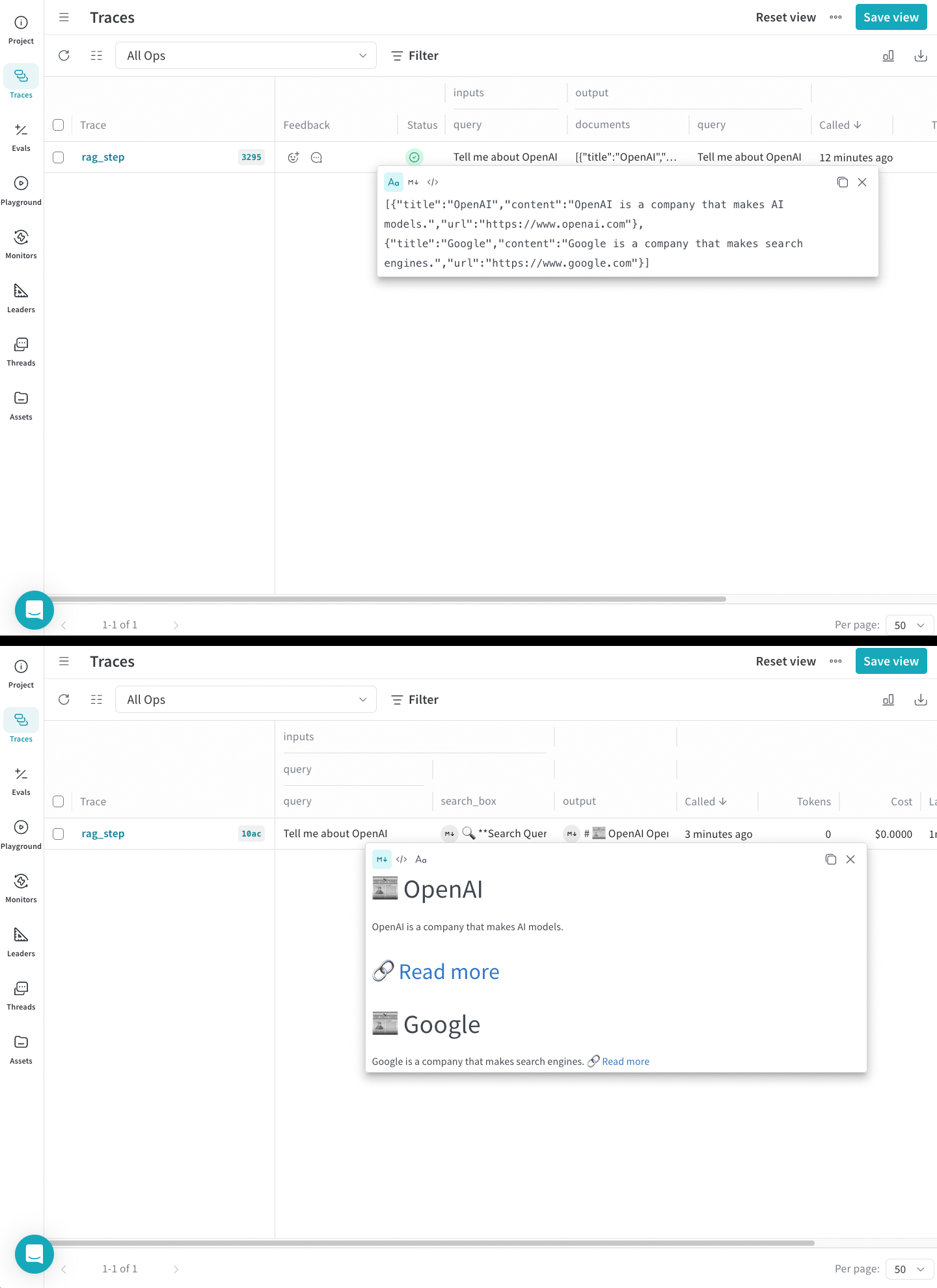 コードサンプルを使用して Weave UI でレンダリングされた Call。