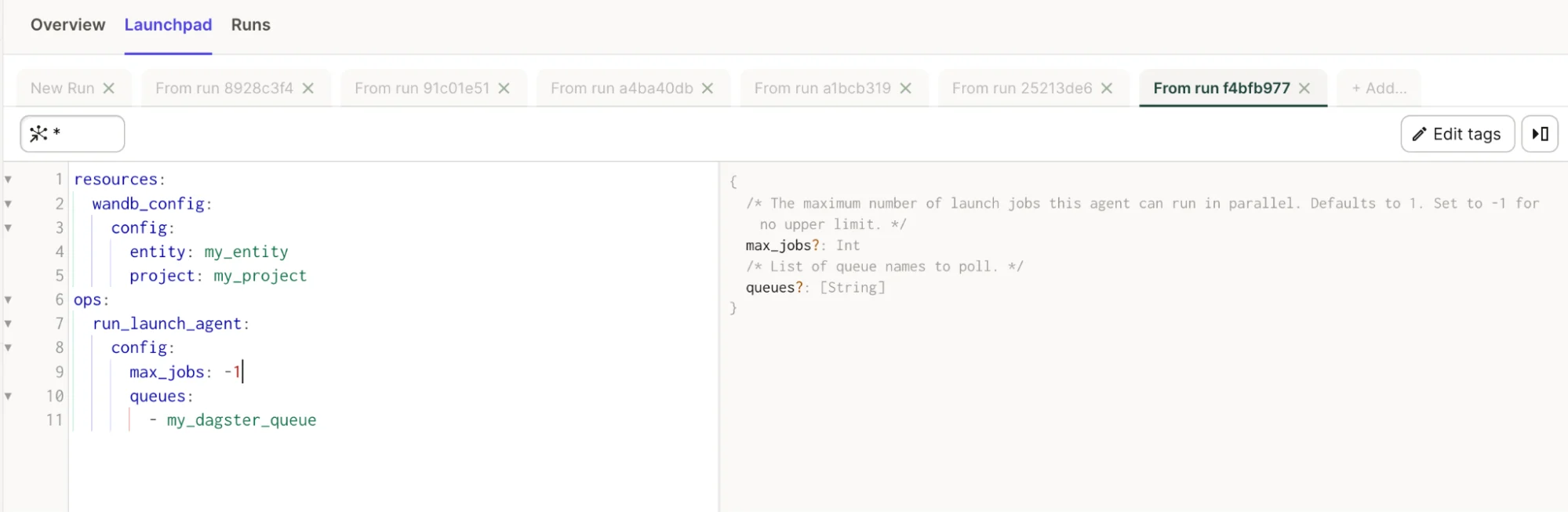W&B Launchpad interface with job configuration options and descriptions for Dagster integration