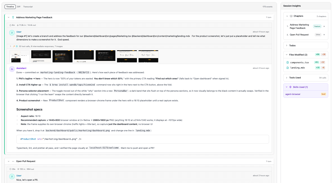 HiveMind session details with insights