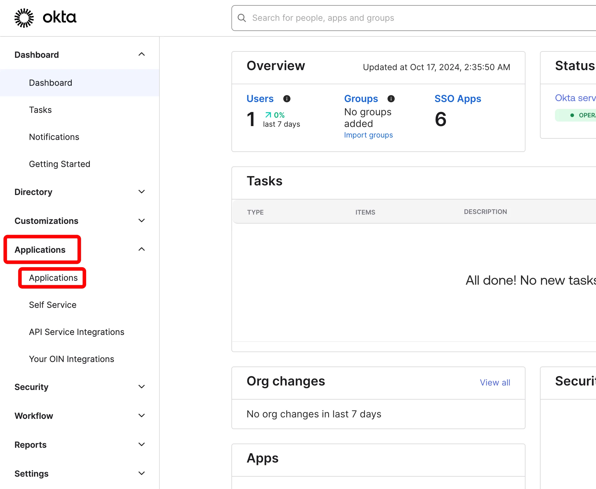 Okta Applications menu