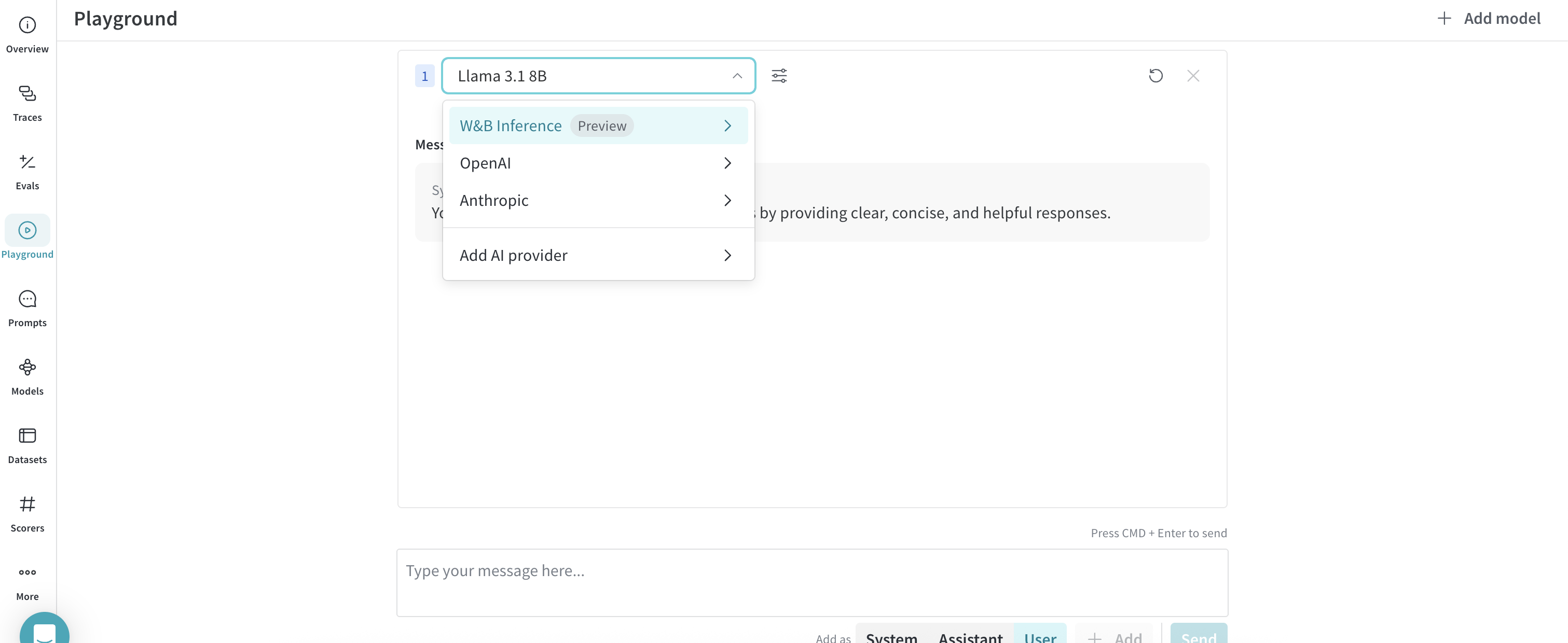 Playground의 Inference 모델 드롭다운