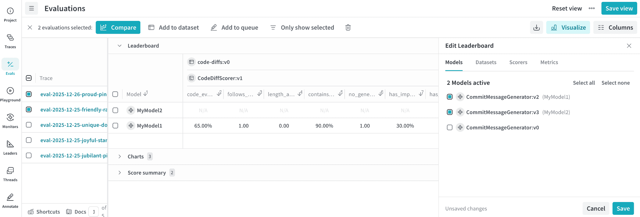 Evaluations page showing the Edit Leaderboard panel open on the right, with tabs for Models, Datasets, Scorers, and Metrics used to configure the leaderboard.