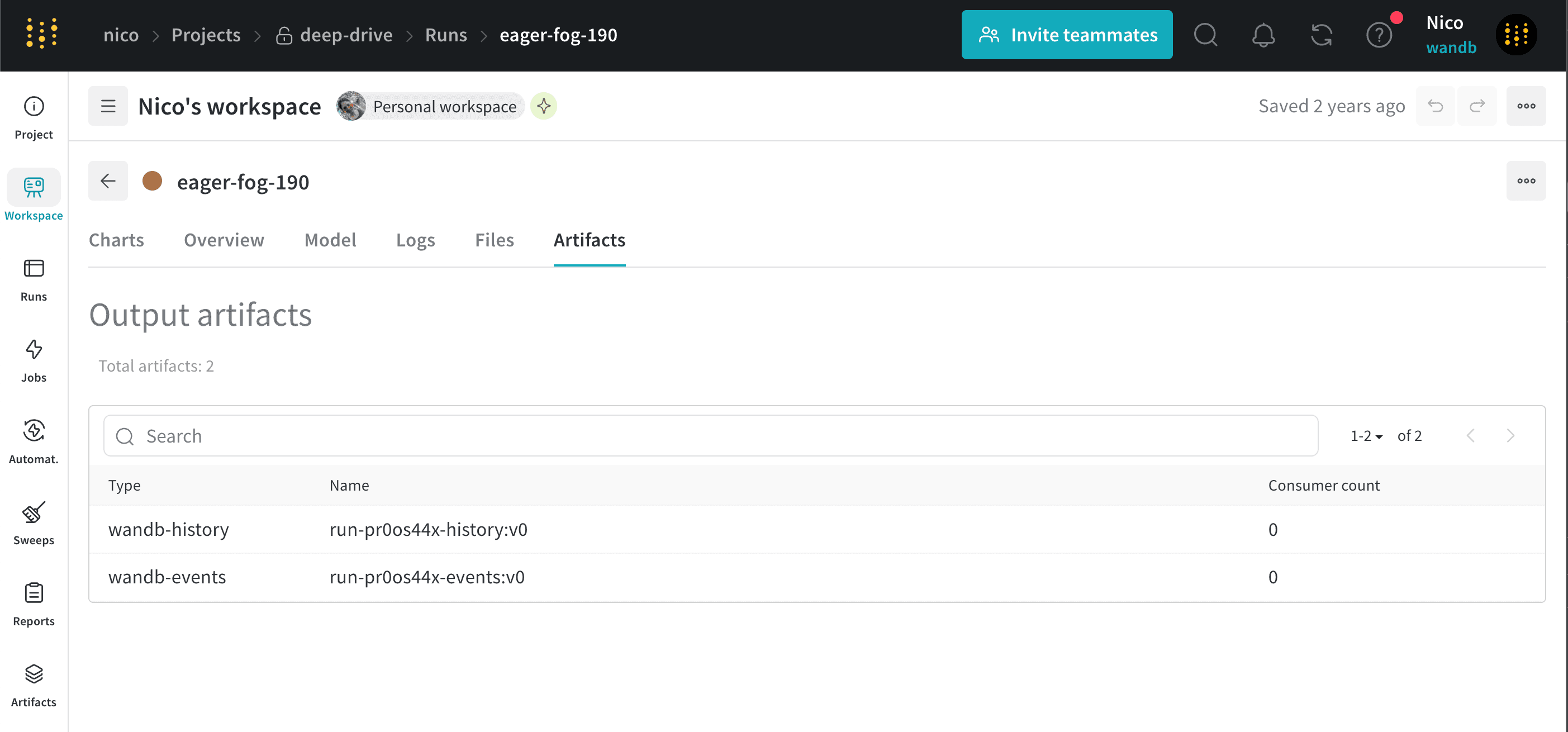 Run artifacts tab