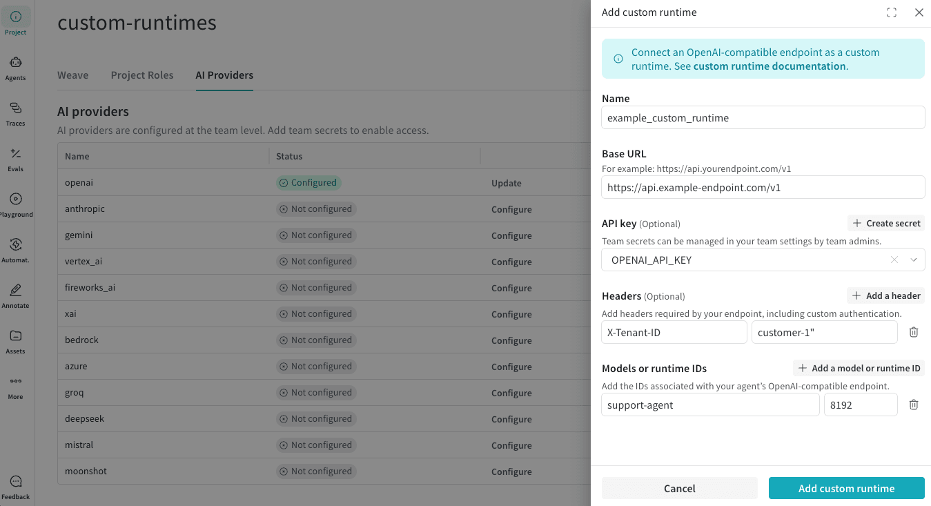 Custom runtime configuration menu