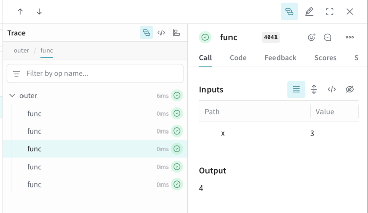 outer の1つの親 Call と5つのネストされた子 Call を示す Trace UI
