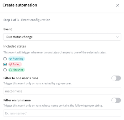 Screenshot showing a run status change automation
