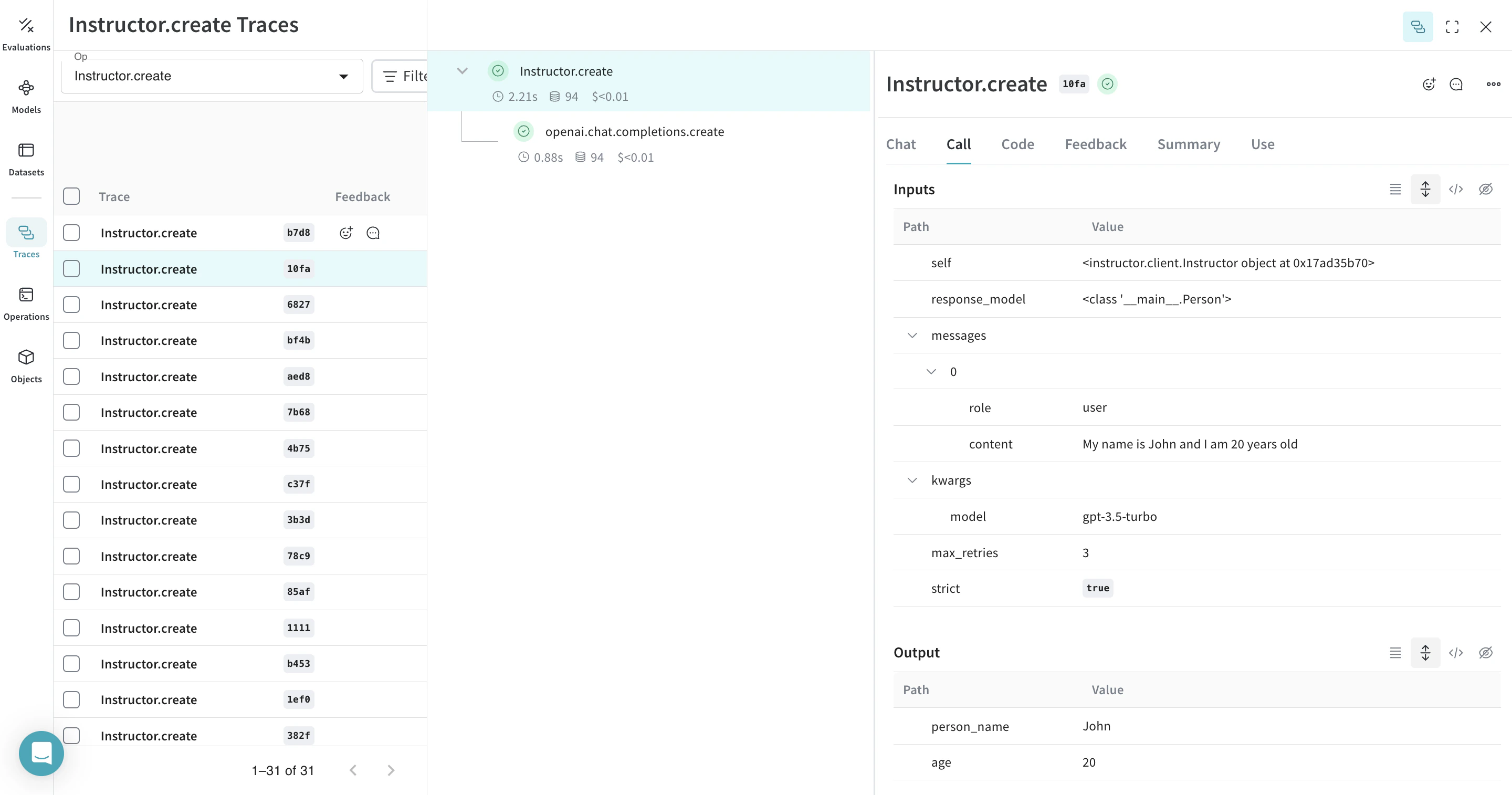 Instructor op trace with structured objects, function inputs, outputs, and Pydantic model validation
