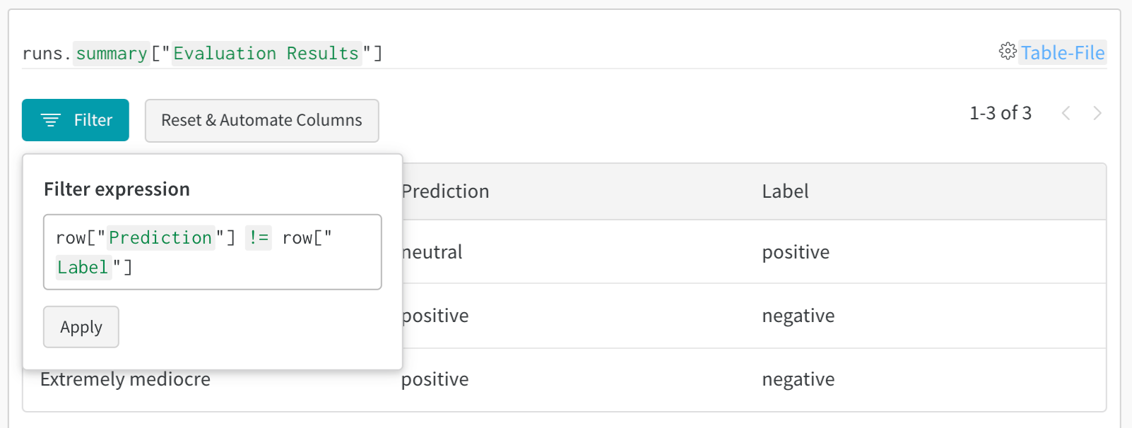 Interactive filtering and querying of evaluation results in W&B Tables