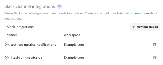 Screenshot showing two Slack integrations in a Team