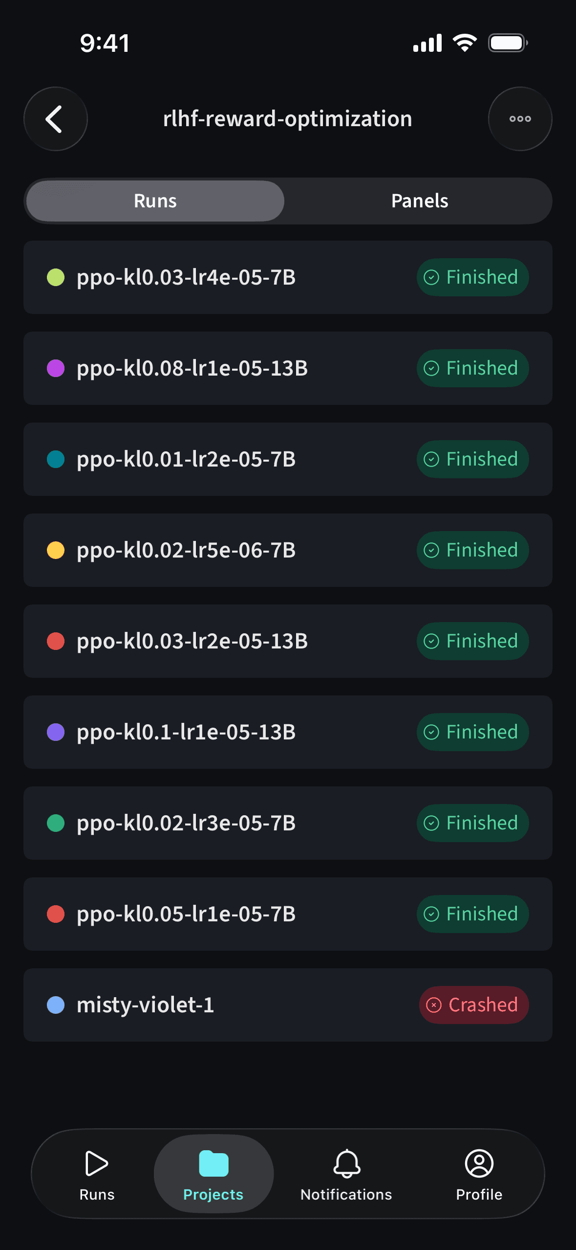 W&B mobile app runs list for a project