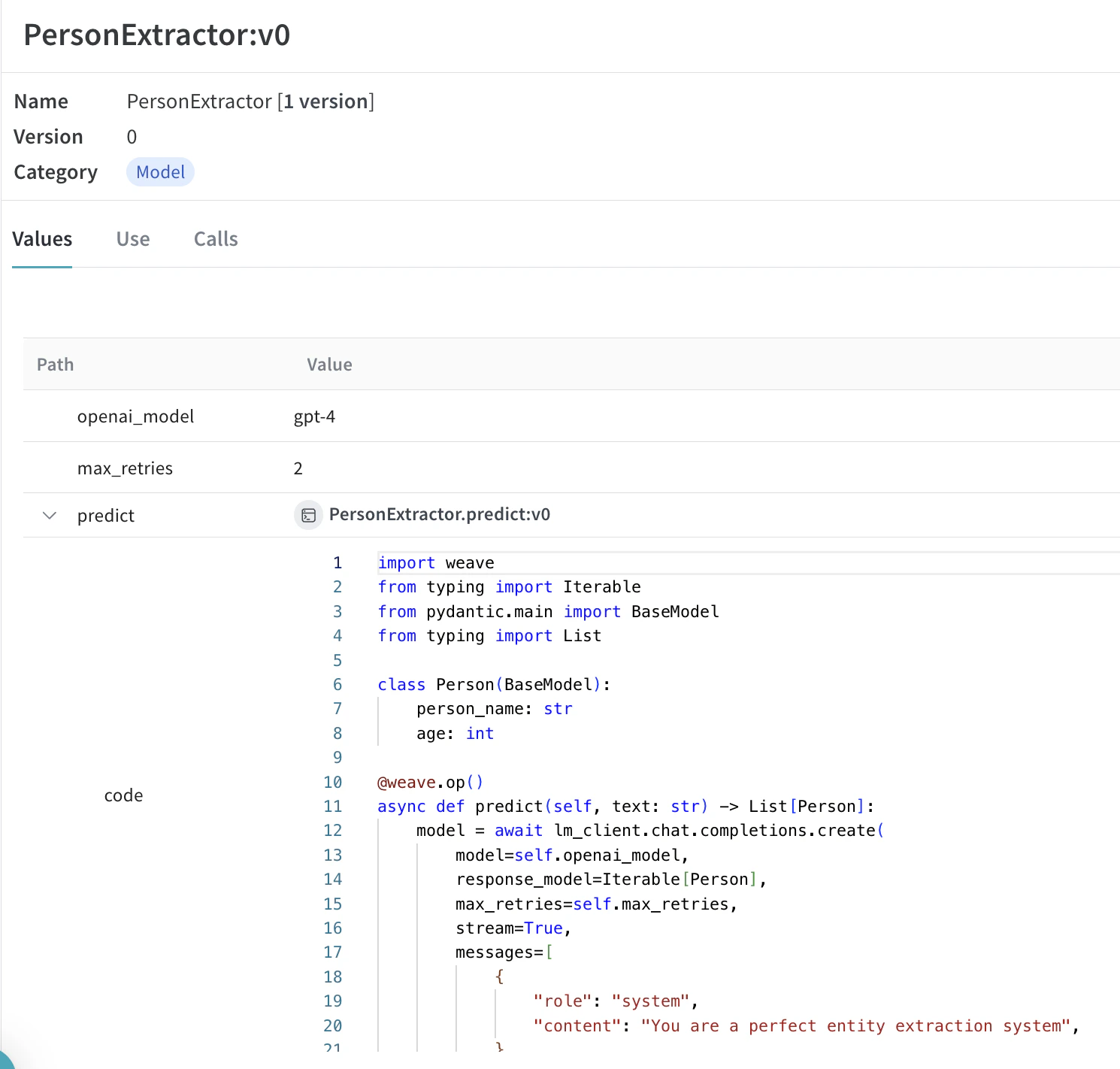 Instructor Weave Model tracing and versioning interface with model versions and trace history
