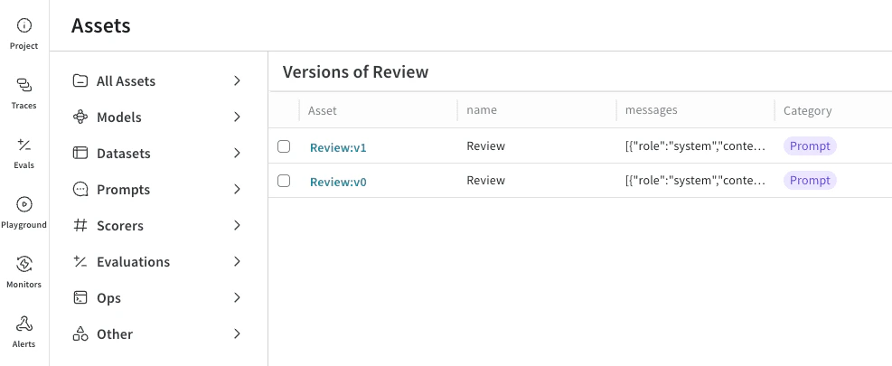 UI de Prompt Assets, montrant les versions du prompt sélectionné.