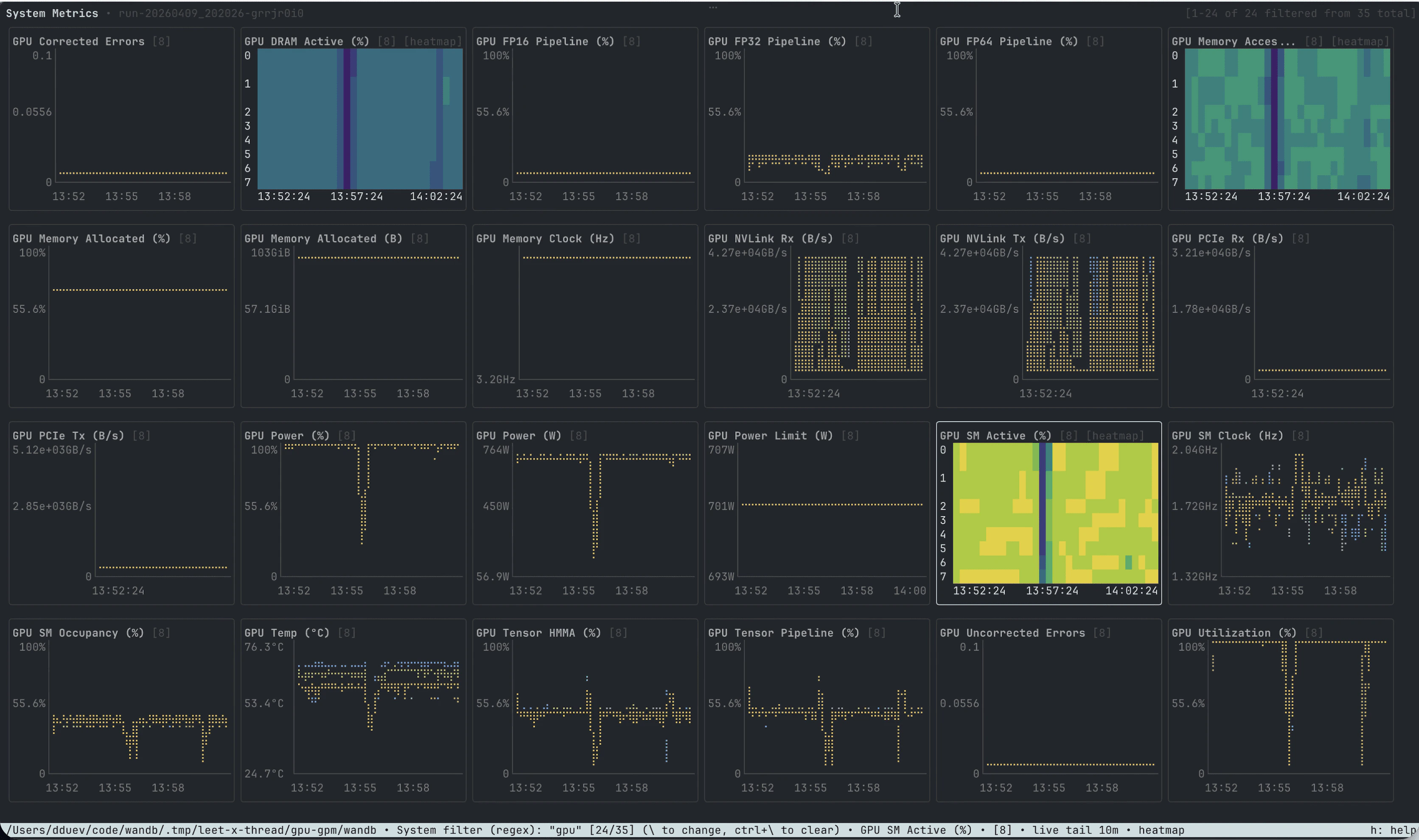 W&B LEET system metrics view with GPU charts and bucketed heatmap mode.
