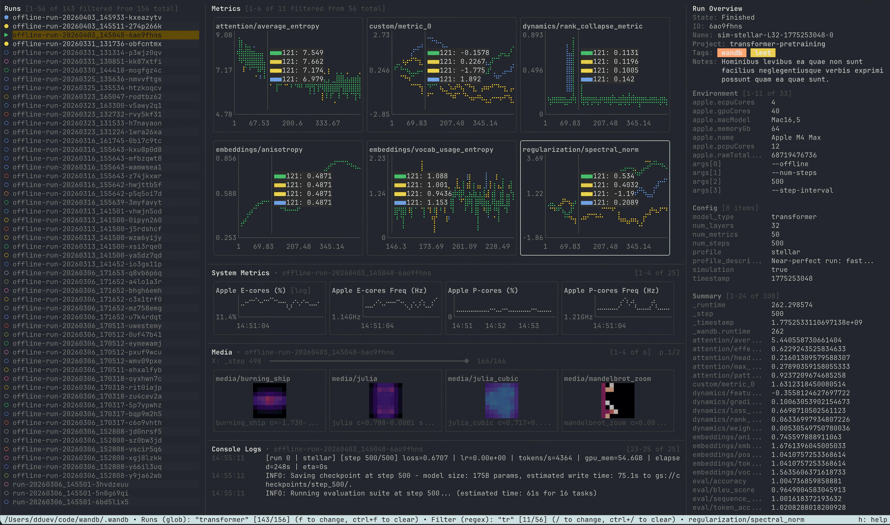 W&B LEET workspace view with runs, metrics, system metrics, media, console logs, and run overview panes.