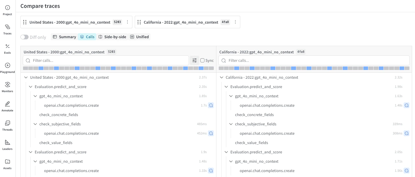 2 つのオブジェクトの Calls 比較ビュー