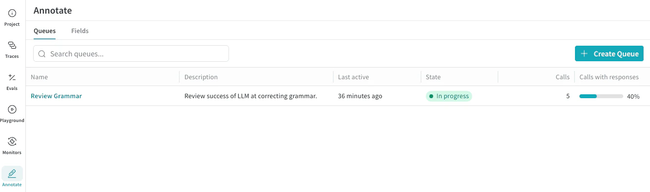 Page Annotation Queues affichant un tableau des files d’attente du projet, y compris les noms des files d’attente, les descriptions et la progression de la révision pour suivre les flux de travail d’annotation.