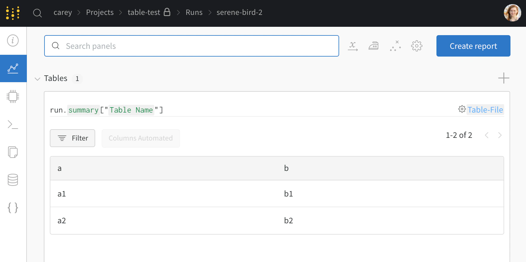 로깅된 샘플 테이블