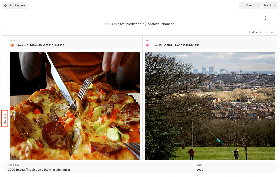 두 개의 run과 index 기준 fan out이 설정된 compare mode의 미디어 패널을 보여주는 스크린샷