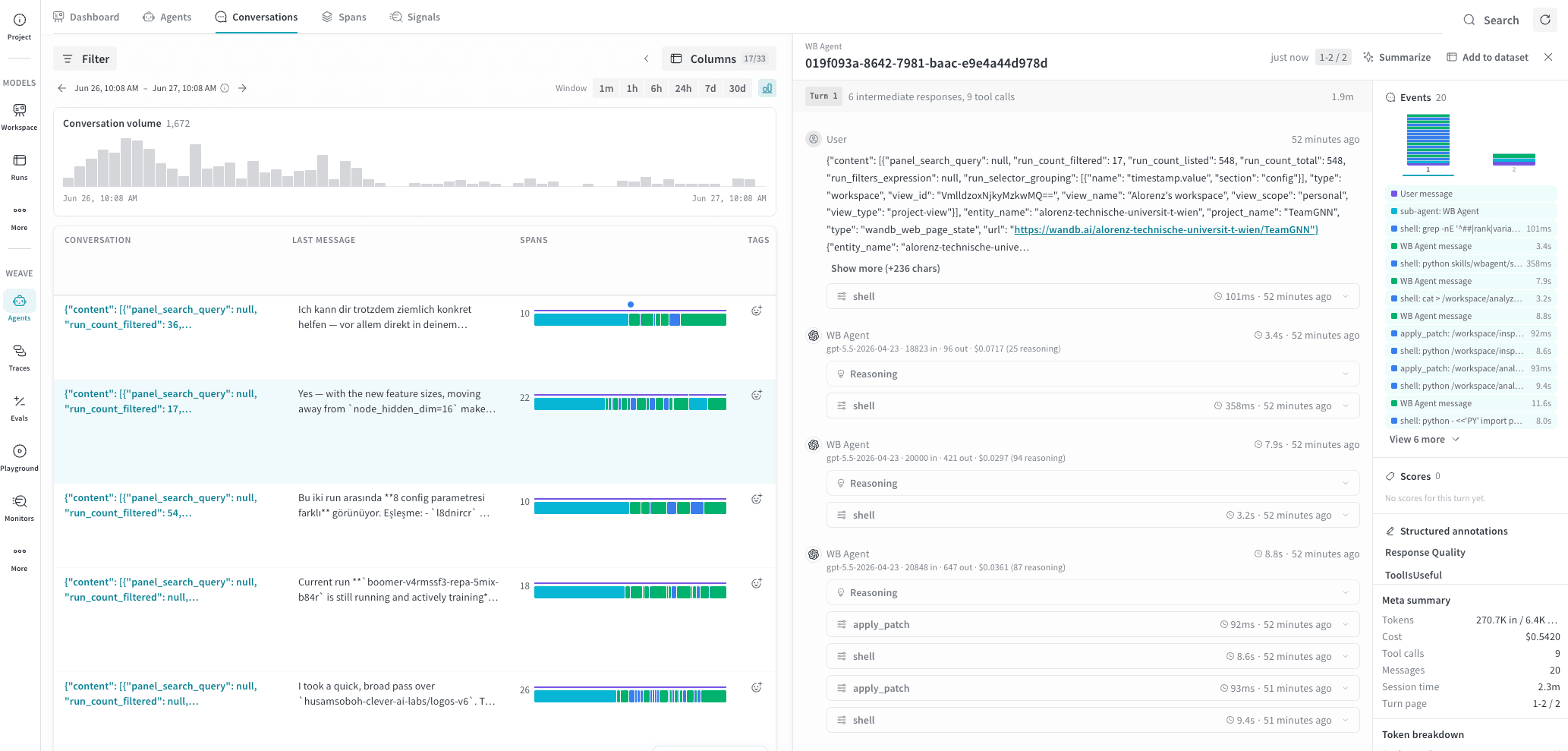 A conversation selected in the Conversations tab, with the detail panel open showing the turn-by-turn message thread, tool calls, reasoning, and the Events timeline on the right.