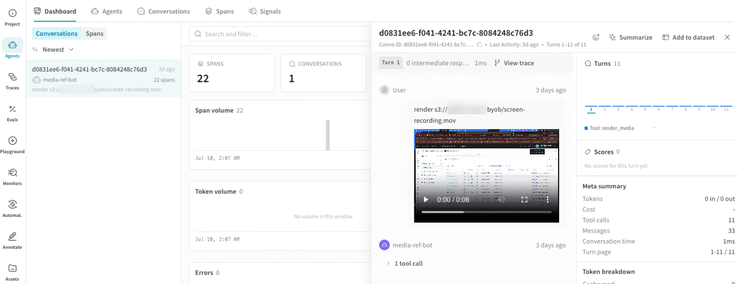 A referenced image rendering inline on a tool call in the Weave Agents view, resolved from a bucket URI that points at an object in your own cloud bucket.