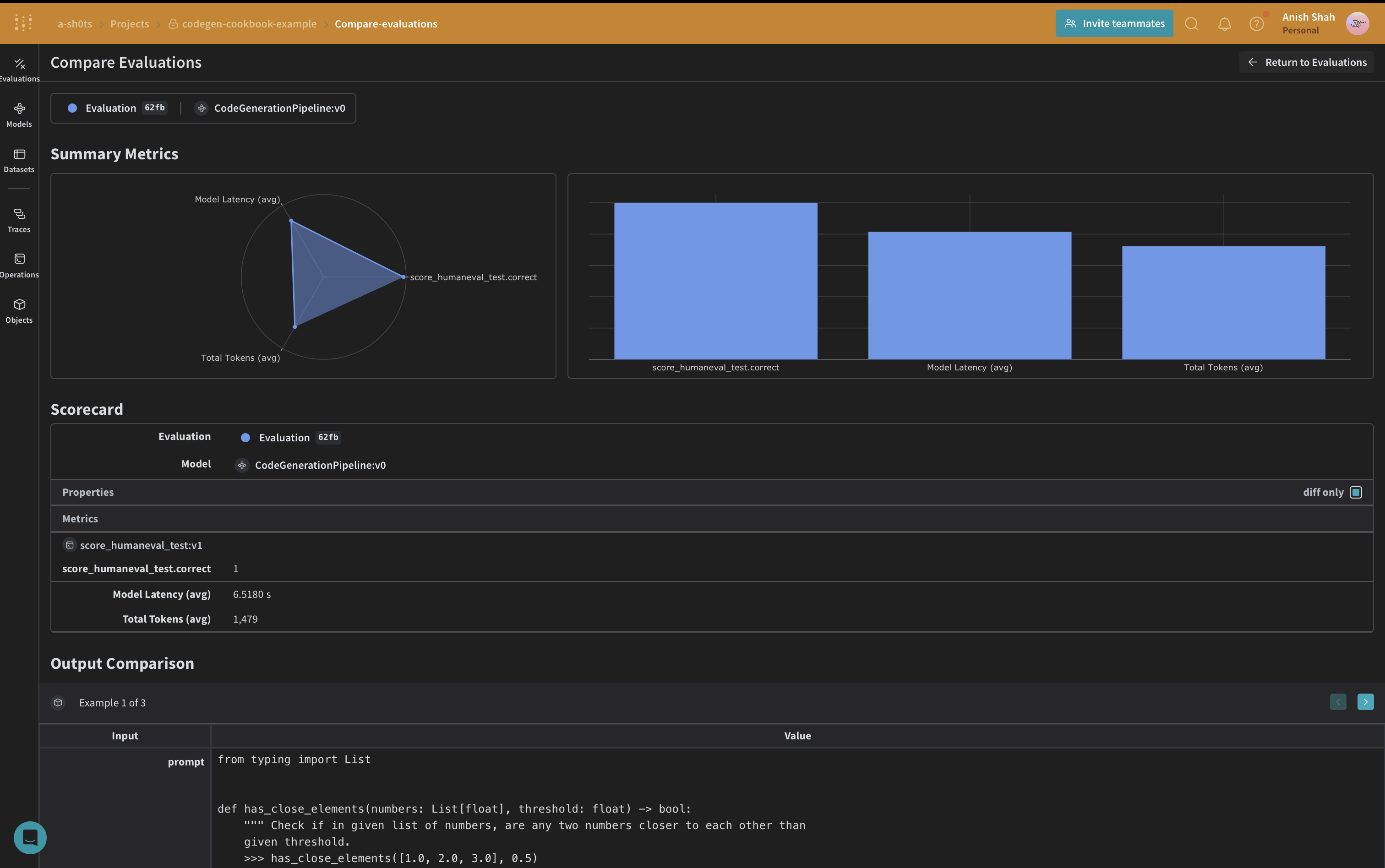 Weave evaluation dashboard comparing code generation runs