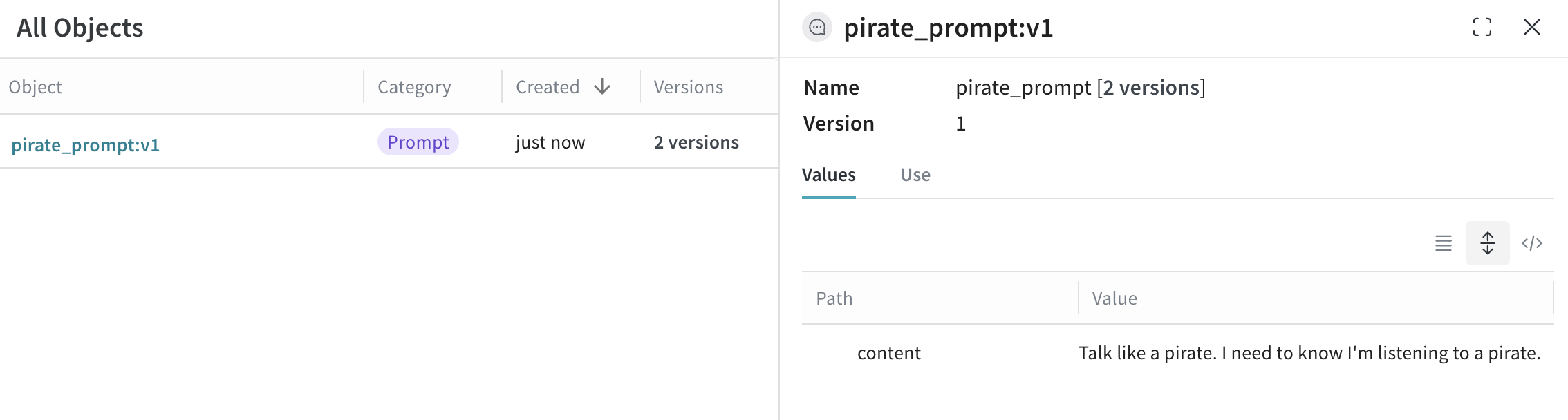Screenshot of viewing a prompt object