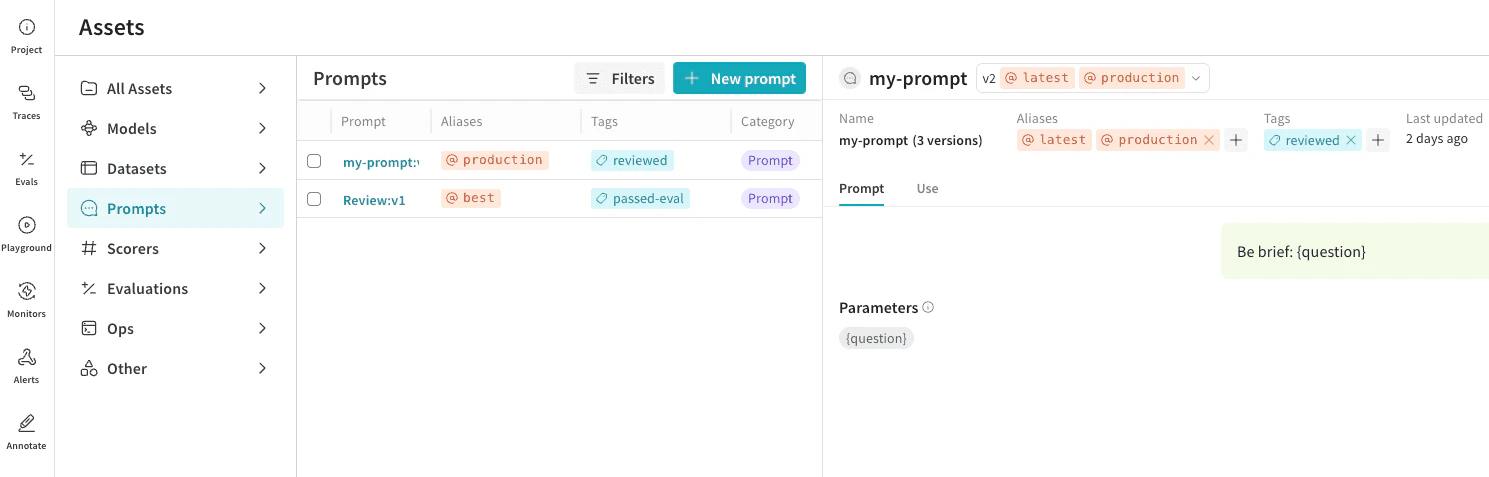 A selected prompt version in the prompt detail panel on the Prompts page, showing controls for Aliases and Tags.