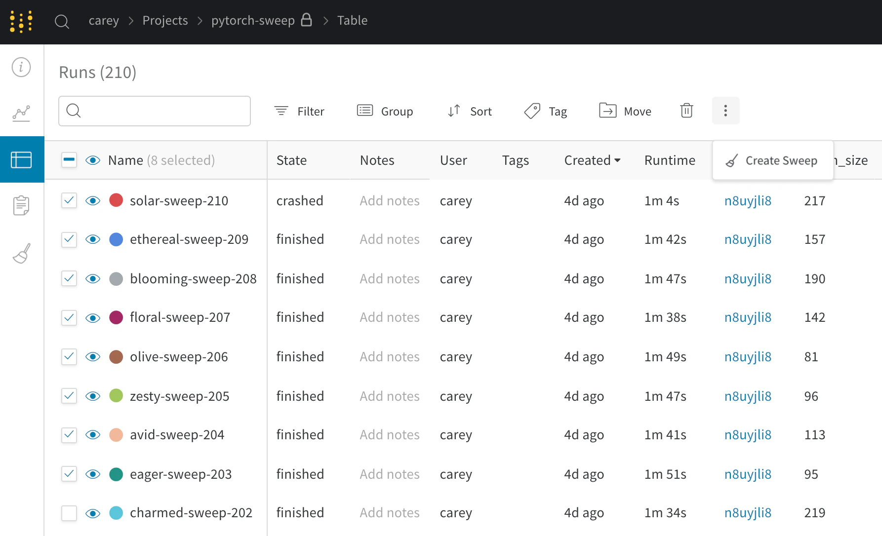 Seed sweep from runs