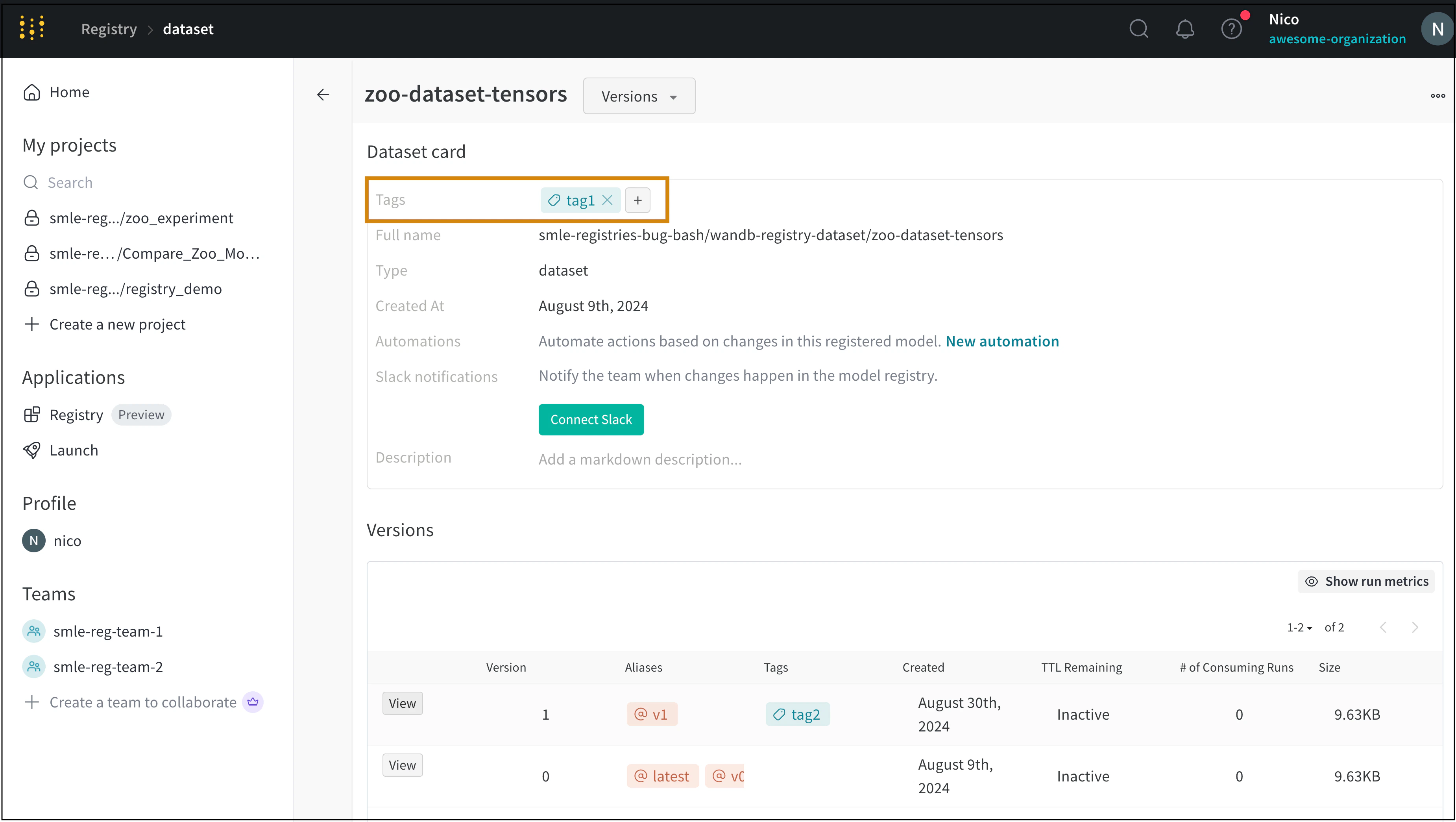 Registry collection with selected tags