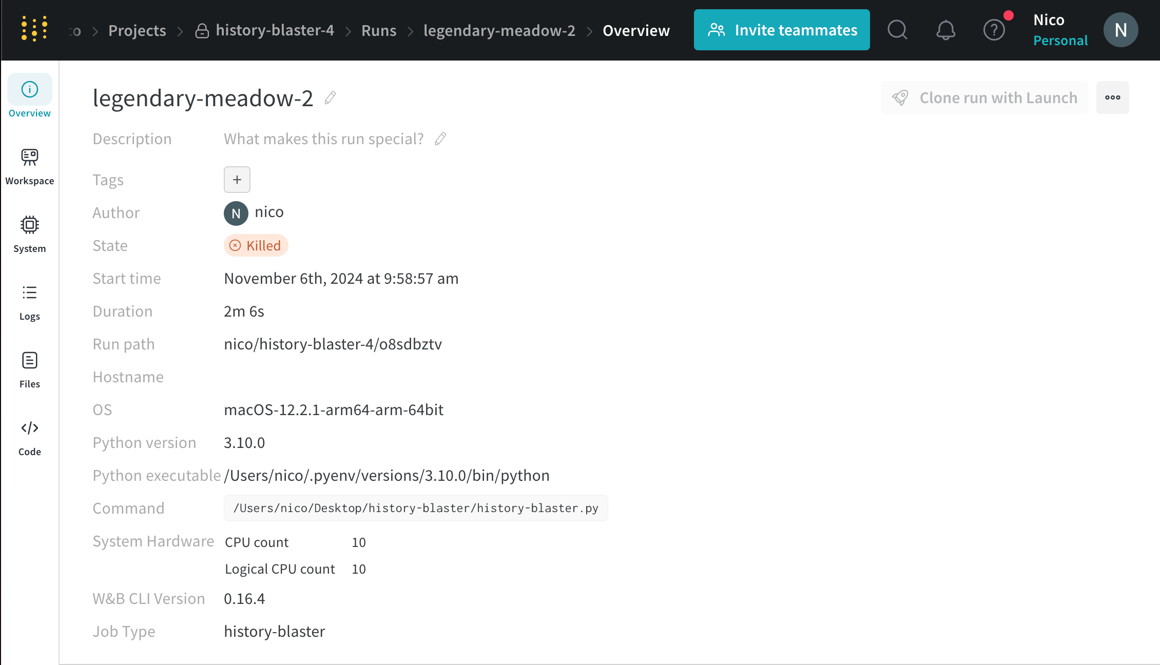 Run stopped via terminal