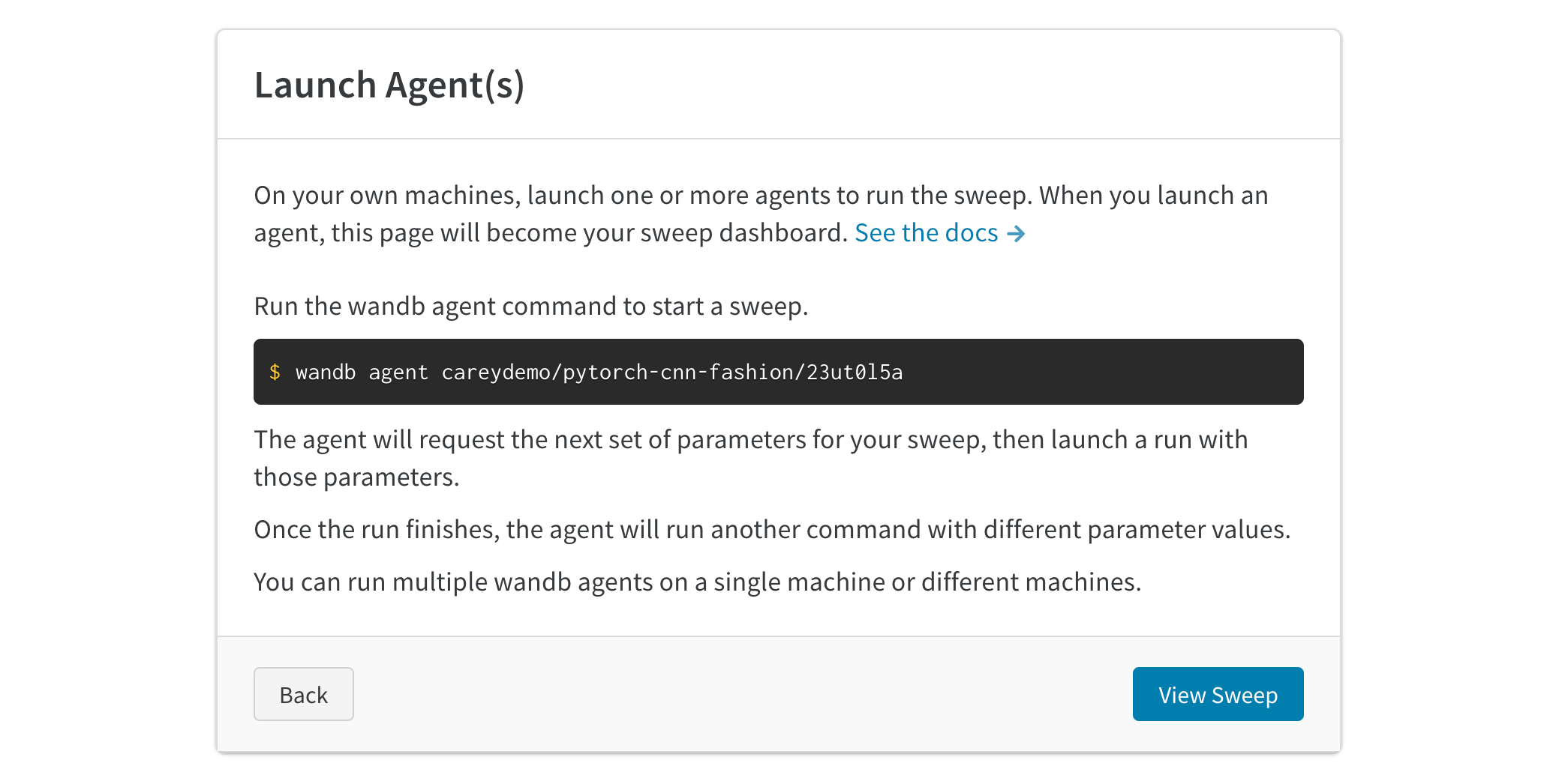 Terminal output from a sweep agent printing the next set of hyperparameters