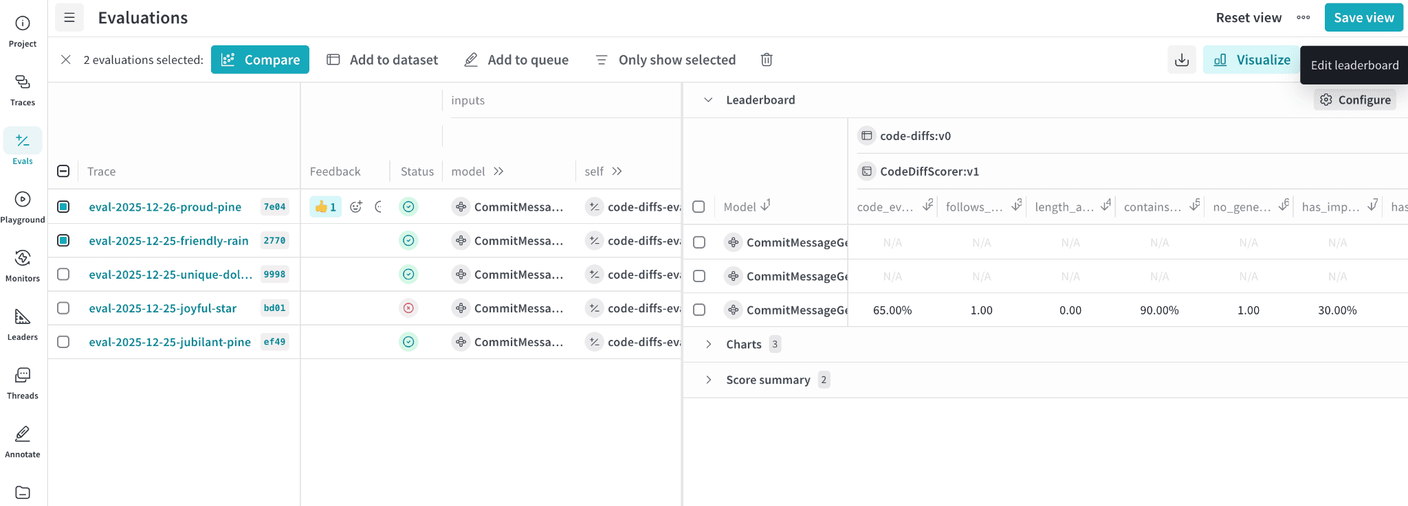 필터가 적용된 Evaluation 테이블, 테이블 툴바의 Visualize 버튼, 그리고 패널 헤더에 Configure 버튼이 있는 오른쪽의 결과 Leaderboard 패널을 보여주는 Evaluations 페이지.