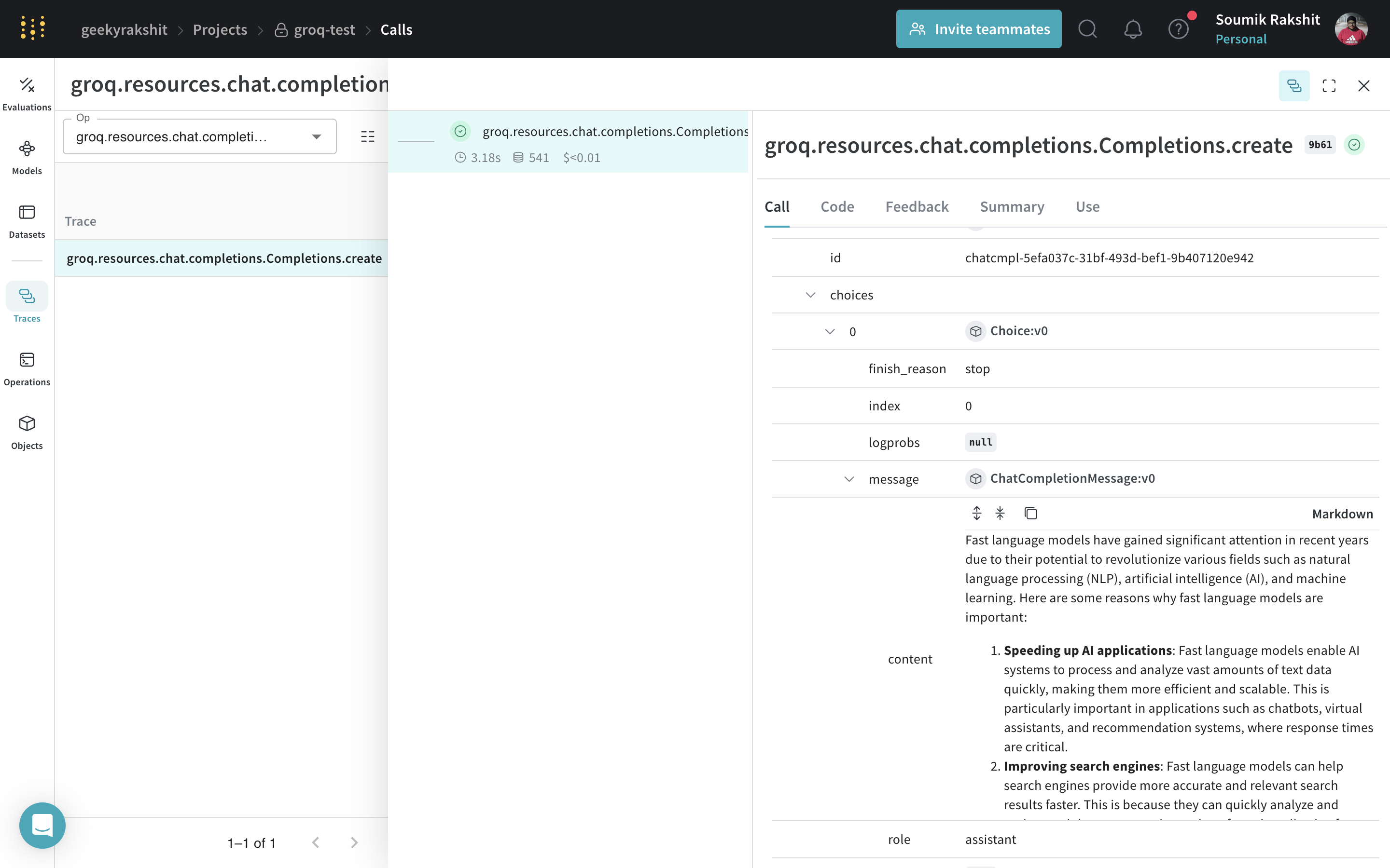 Tableau de bord Weave de Groq avec les appels LLM suivis, les métriques de performances et les informations de trace