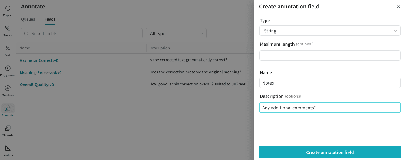 Annotation field creation dialog with inputs for name, description, and field type, used to define the schema annotators complete when reviewing trace items.