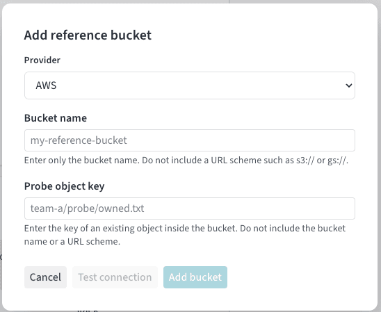The Add reference bucket dialog in team settings, with fields for the cloud provider, the bucket name, and an existing object key, plus Test connection and Add bucket buttons.