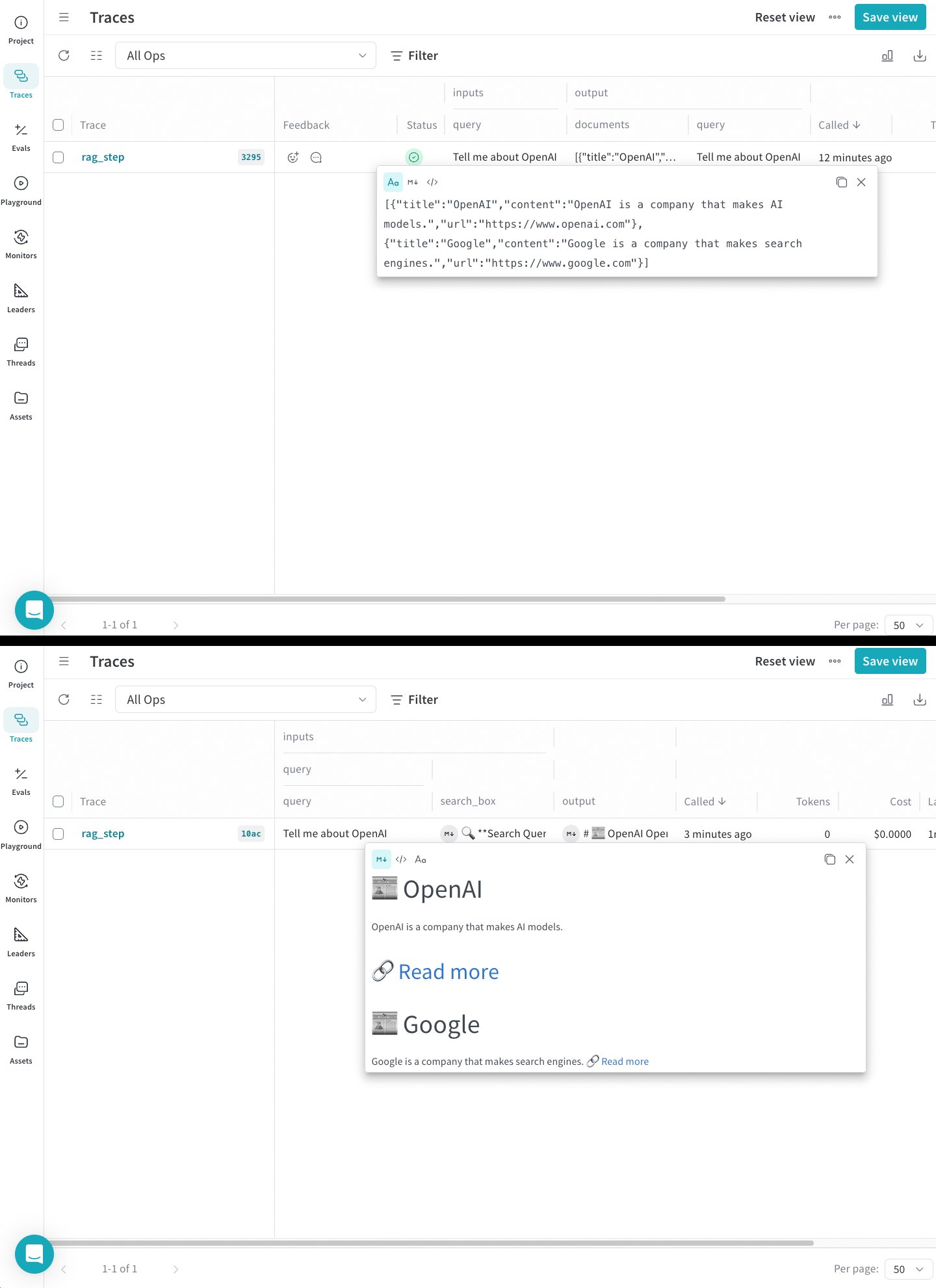コードサンプルを使用して Weave UI でレンダリングされた Call。