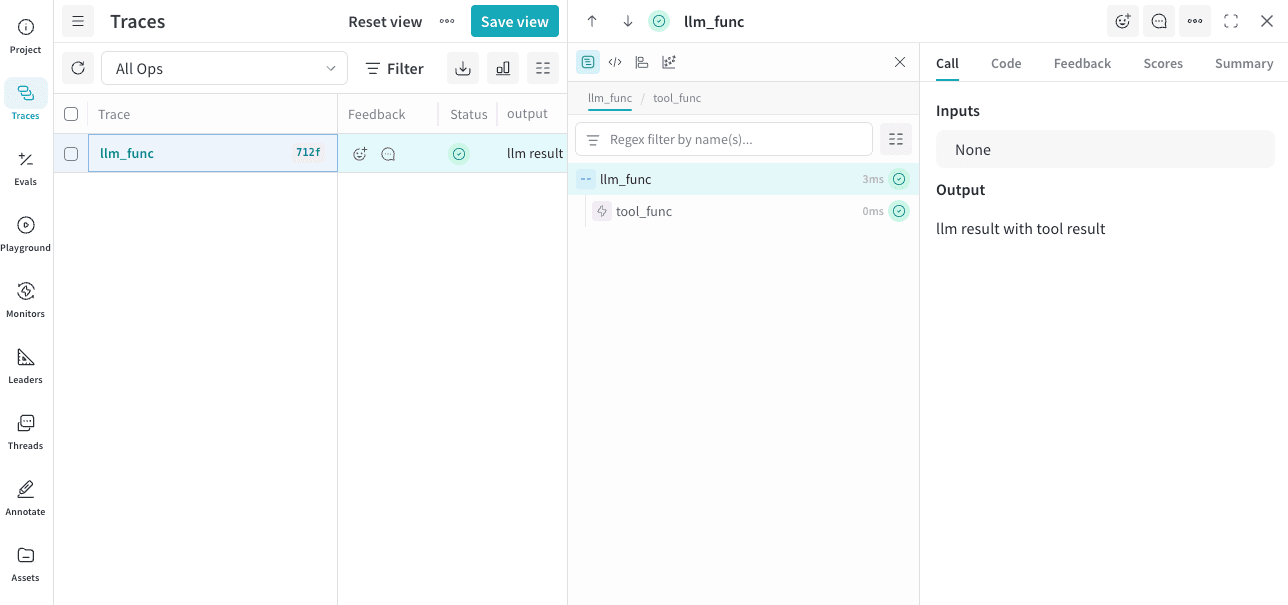 La interface Weave, montrant un appel parent avec le type LLM et la couleur blue, ainsi qu’un appel imbriqué avec le type tool et la couleur red.