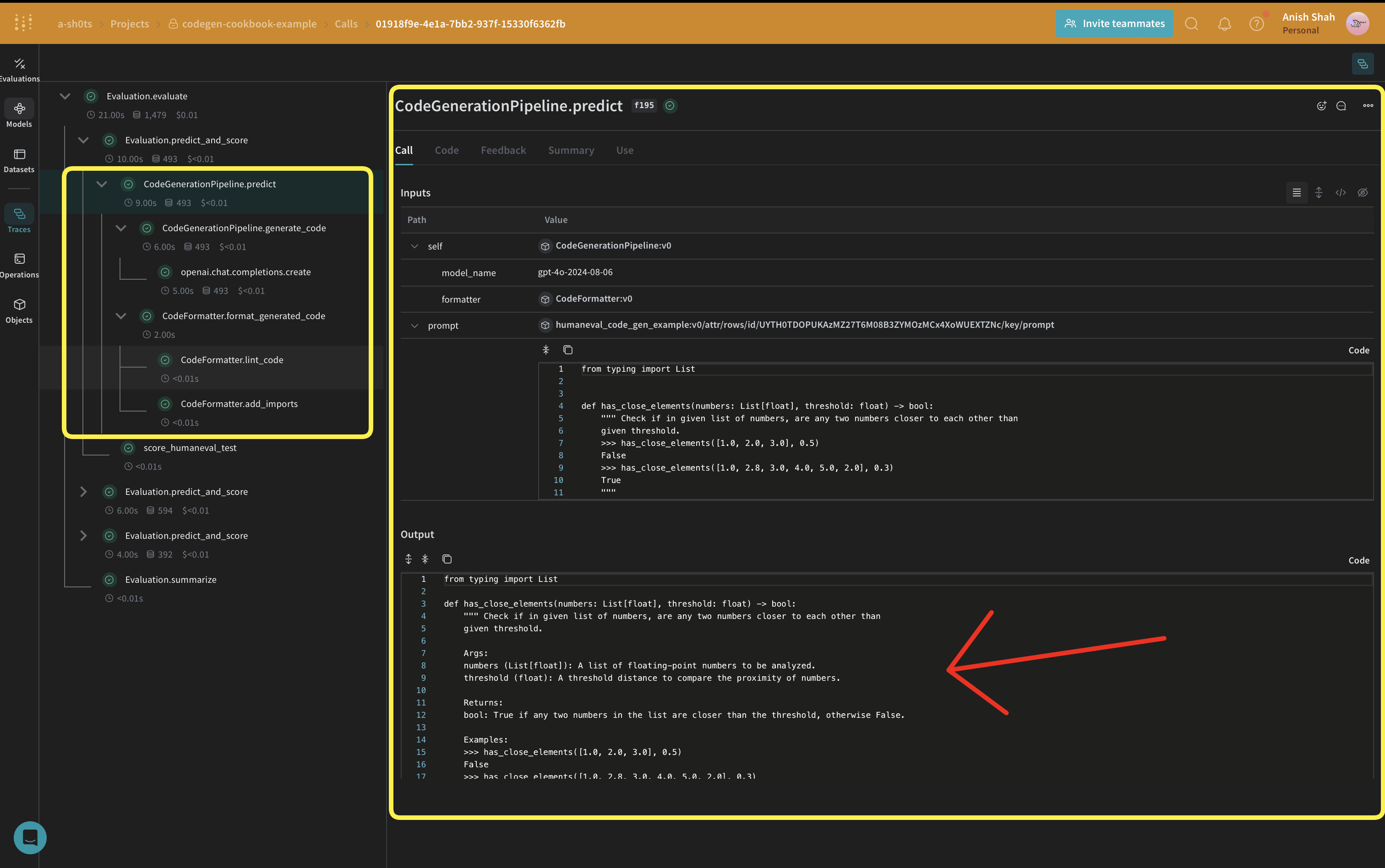 Trace Weave d’un run du pipeline de génération de code