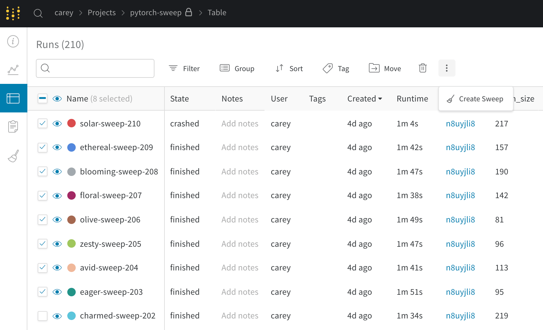 Project runs table with rows selected and the create sweep option in the dropdown