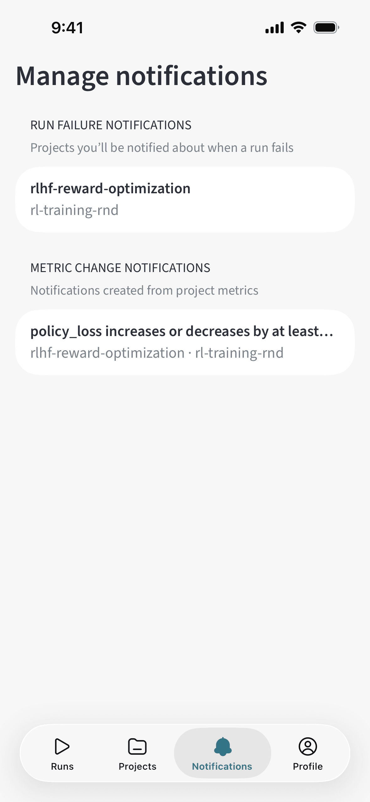 W&B mobile app Manage notifications screen